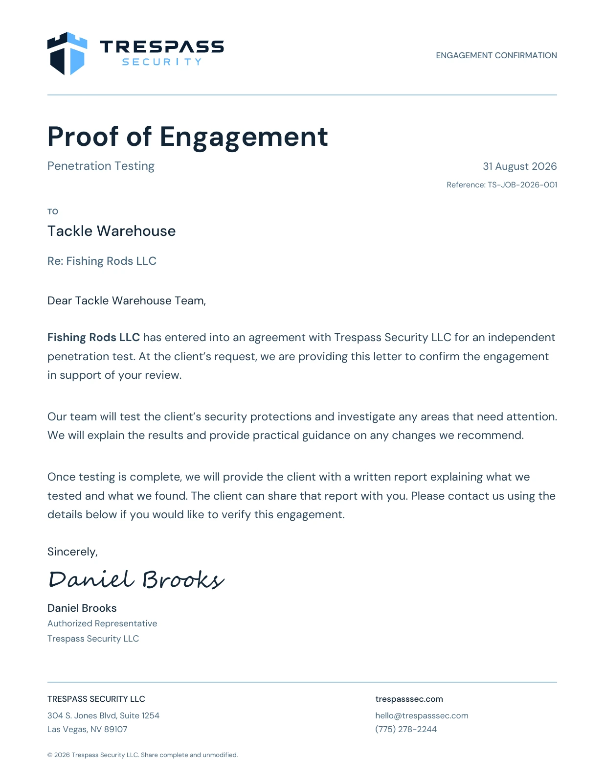 Sample Proof of Engagement page